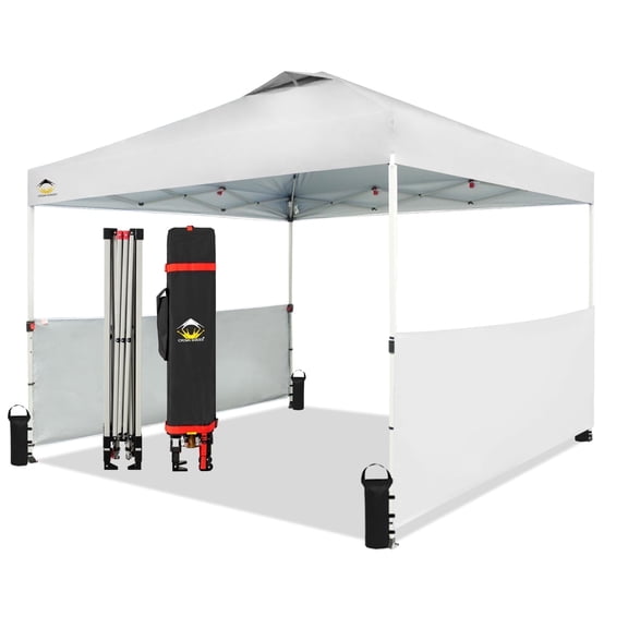 CROWN SHADES 10x10 Pop up Canopy Tent Instant Canopy, One Push Setup with 2 Half Sidewalls, 4 Ropes, 8 Stakes, 4 Weight Bags, STO 'N Go Bag, White