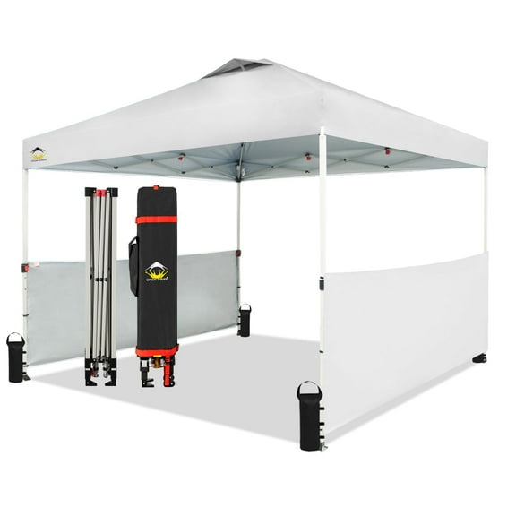 CROWN SHADES 10x10 Pop up Canopy Tent Instant Canopy Including 2 Half Sidewalls, 4 Ropes, 8 Stakes, 4 Weight Bags, STO 'N Go Bag White