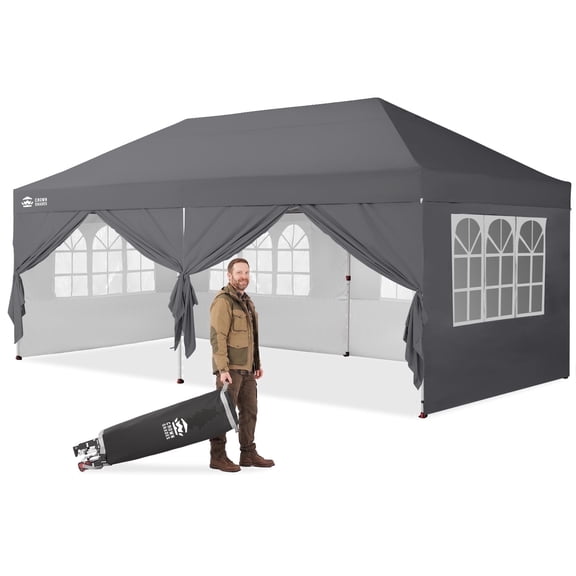 CROWN SHADES 10x20 Pop Up Canopy Tent Commercial Heavy Duty Tent with 6 Sidewalls Outdoor Canopies for Events Parties Gray