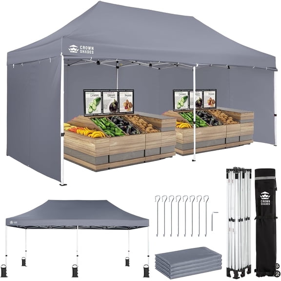 CROWN SHADES 10x20 Pop Up Canopy Tent, Thicken Frame Commercial Heavy Duty Tent 4 Sidewalls 8 Stakes Gray