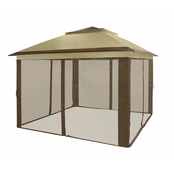 CROWN SHADES 11 x 1 Foot Pop Up Gazebo Canopy Shelter, Outdoor Canopy w/ 4 Mosquito Net Sidewalls, Push Center Lock, and Wheeled Carry Bag, Beige/Coffee