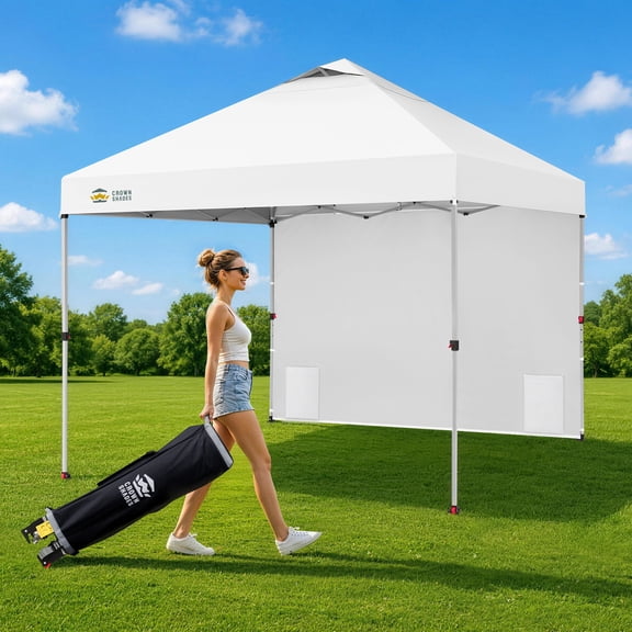 CROWN SHADES 12'x12' Instant Pop Up Commercial Canopy Tent 150D Silver Coated Fabric with 1 Sidewall White