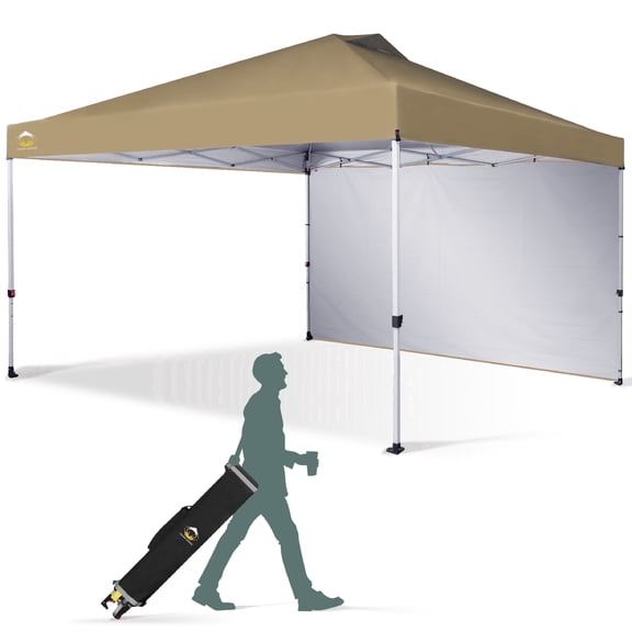 CROWN SHADES 12x12 Pop Up Canopy Tent Instant Commercial with 150D Silver Coated Fabric with 1 Sidewall Beige