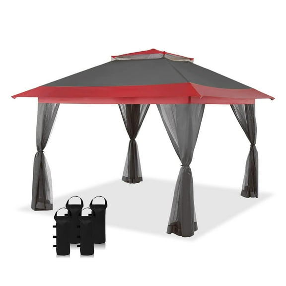 CROWN SHADES 13 x 13 Foot Pop Up Gazebo Canopy Shelter, Outdoor Canopy w/ 4 Mosquito Net Sidewalls, Push Center Lock, and Wheeled Carry Bag, Red & Grey