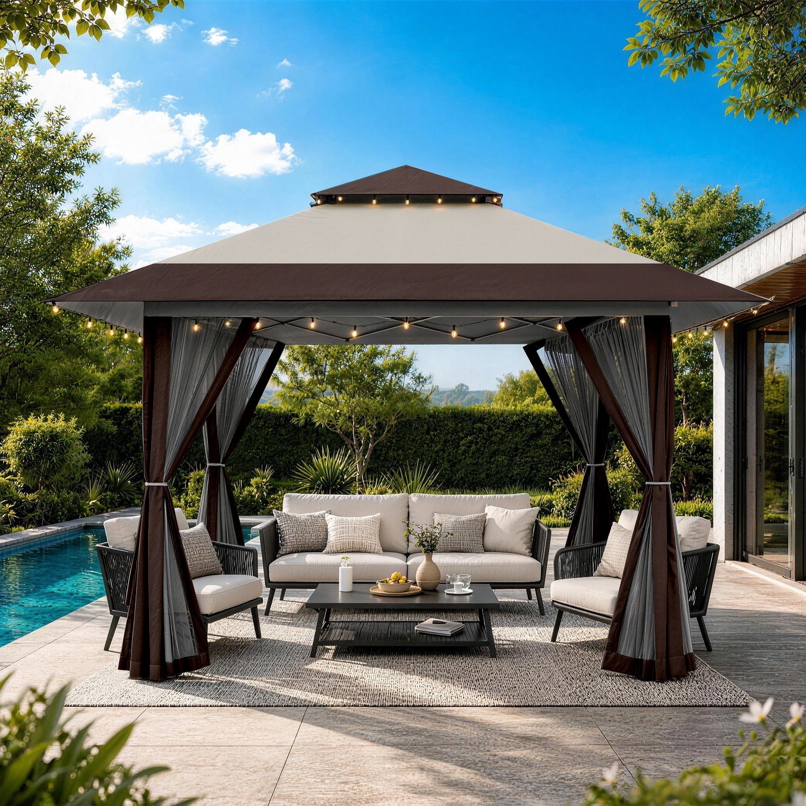 CROWN SHADES 13'x13' One Push Pop Up Gazebo Canopy Tent Outdoor Gazebo Portable Shade for Backyard & Patio Beige&Coffee