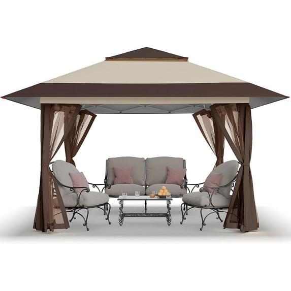 CROWN SHADES 13x13 Pop Up Gazebo Canopy Tent Gazebos Outdoor Gazebo for Backyard & Patio Beige&Coffee