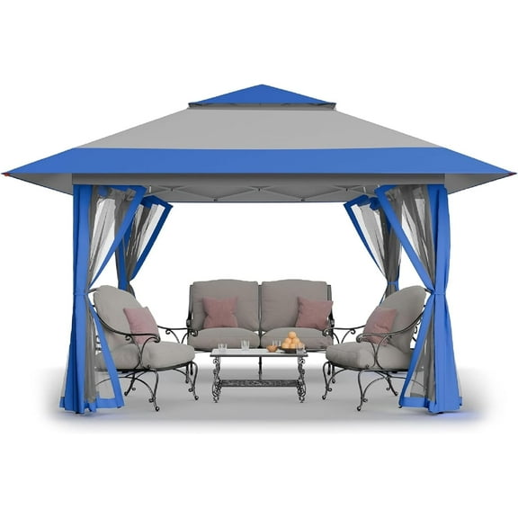 CROWN SHADES 13x13 Pop Up Gazebo Canopy Tent Gazebos Outdoor Gazebo for Backyard & Patio Blue&Gray