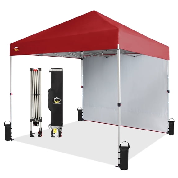 CROWN SHADES 8x8 Pop Up Canopy with 1 Side Wall One Push Setup Easy Outdoor Sun Shade for Events Parties Camping Red