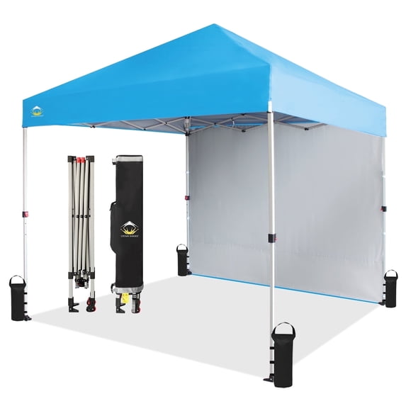 CROWN SHADES 8x8 Pop Up Canopy with 1 Side Wall One Push Setup Easy Outdoor Sun Shade for Events Parties Camping Sky Blue