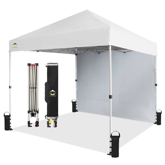 CROWN SHADES 8x8 Pop Up Canopy with 1 Side Wall One Push Setup Easy Outdoor Sun Shade for Events Parties Camping White
