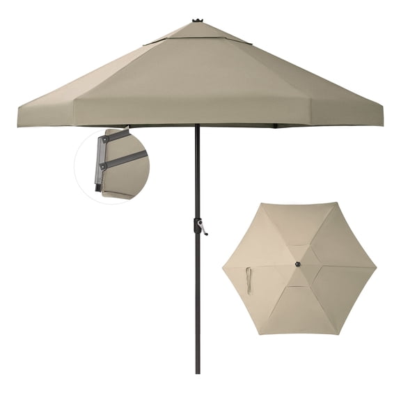 CROWN SHADES 9 Ft Patio Umbrella with Auto-Tilt & Olefin Fabric Patented 90° Edge Connection Windproof Outdoor Umbrella Beige