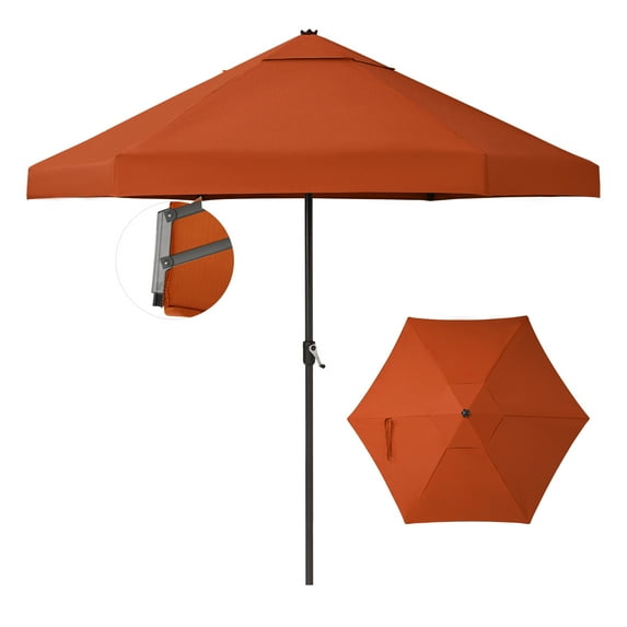 CROWN SHADES 9 Ft Patio Umbrella with Auto-Tilt & Olefin Fabric Patented 90° Edge Connection Windproof Outdoor Umbrella Red