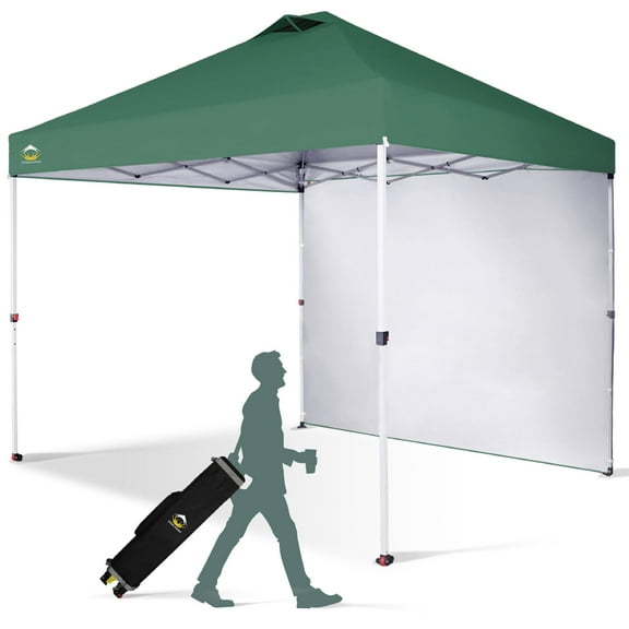 CROWN SHADES Canopy Tent, 10 x 10 Foot Portable Pop Up Outdoor Shelter with 1 Sidewall, Easy 1 Push Center Lock, UV Protection, and Carry Bag, Forest Green