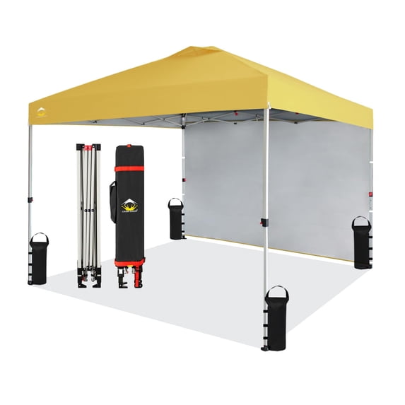 CROWN SHADES Canopy Tent, 10 x 10 Foot Portable Pop Up Outdoor Shelter with 1 Sidewall, Easy 1 Push Center Lock, UV Protection, and Carry Bag, Yellow