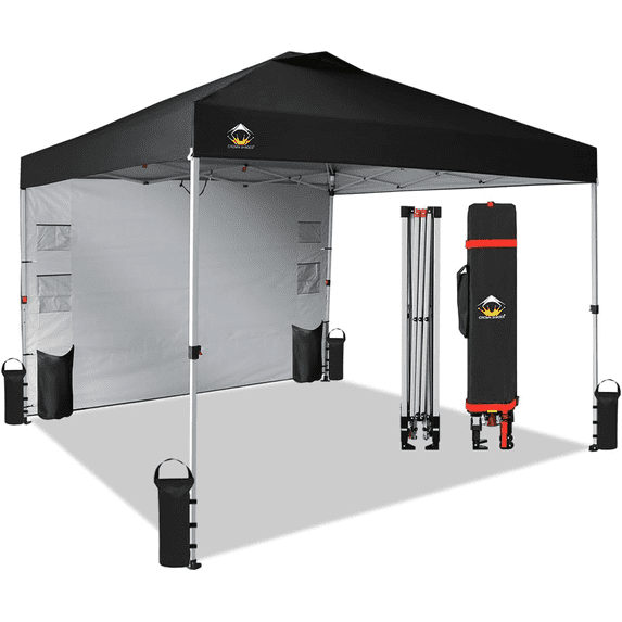 CROWN SHADES Canopy Tent, 10 x 10 Foot Portable Pop Up Outdoor Shelter with Pocket Sidewall, Push Center Lock, UV Protection, and Carry Bag, Black