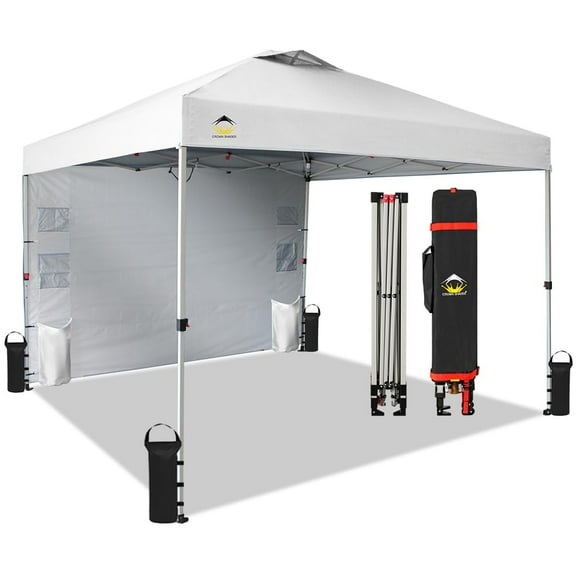CROWN SHADES Canopy Tent, 10 x 10 Foot Portable Pop Up Outdoor Shelter with Pocket Sidewall, Push Center Lock, UV Protection, and Carry Bag, White