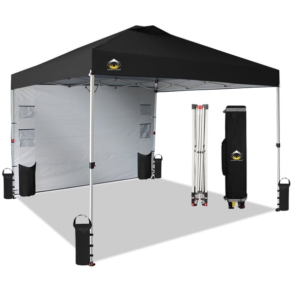 CROWN SHADES Canopy Tent 10x10 Pop Up Canopy Outdoor Shade with Pockets Sidewall, Easy Up Sun Shelter with One Person Set Up Center Lock Black