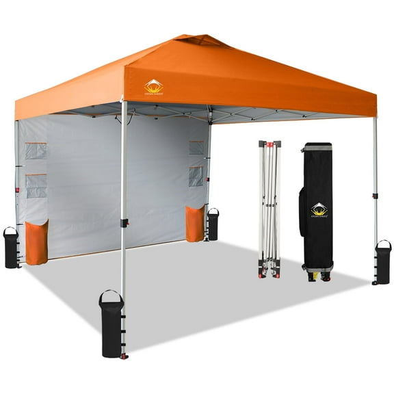 CROWN SHADES Canopy Tent 10x10 Pop Up Canopy Outdoor Shade with Pockets Sidewall, Easy Up Sun Shelter with One Person Set Up Center Lock Orange