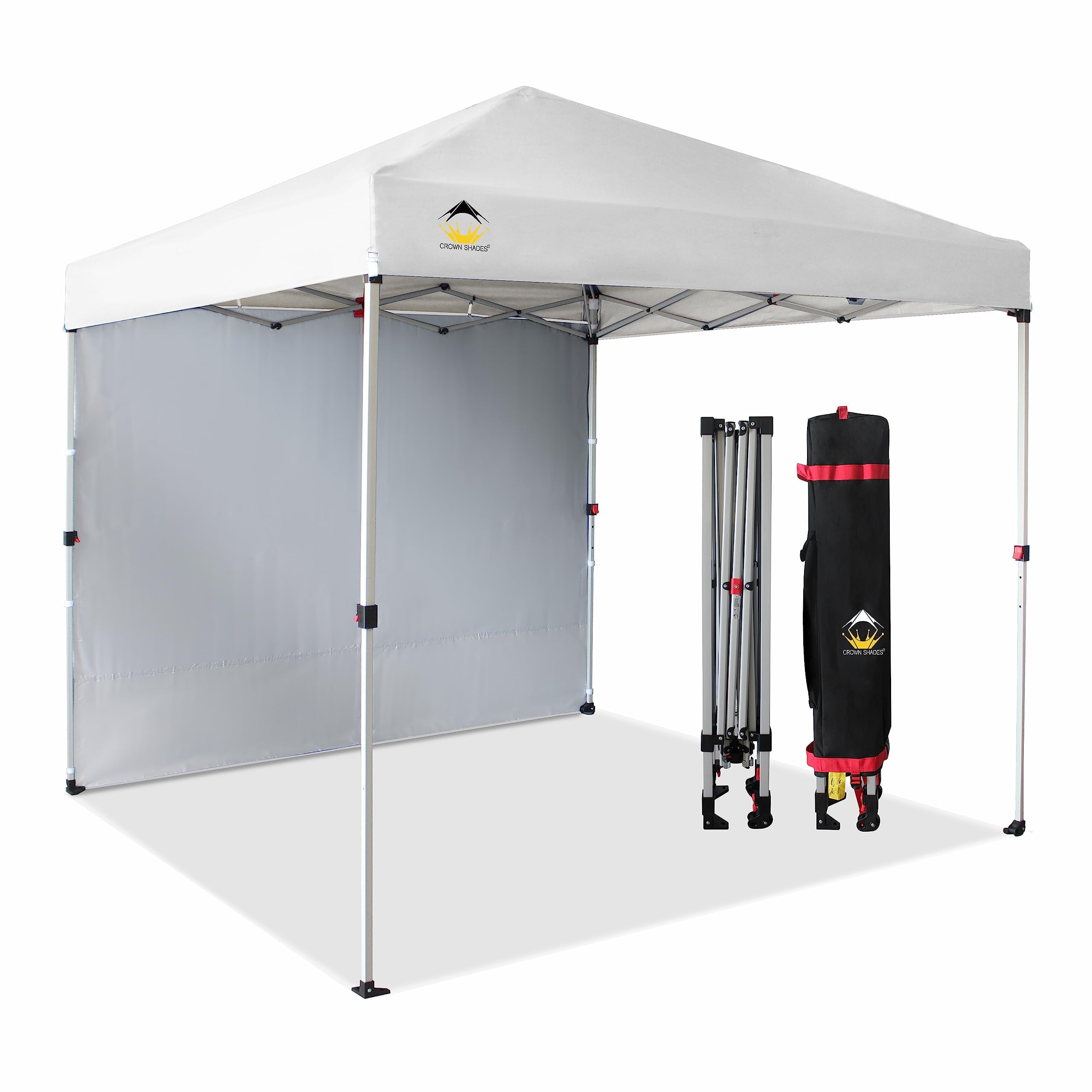 CROWN SHADES Canopy Tent, 8 x 8 Foot Portable Pop Up Outdoor Shelter with 1 Sidewall, Easy 1 Push Center Lock, UV Protection, and Carry Bag, White