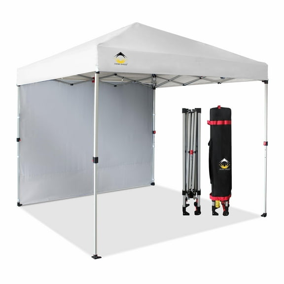 CROWN SHADES Canopy Tent, 8 x 8 Foot Portable Pop Up Outdoor Shelter with 1 Sidewall, Easy 1 Push Center Lock, UV Protection, and Carry Bag, White