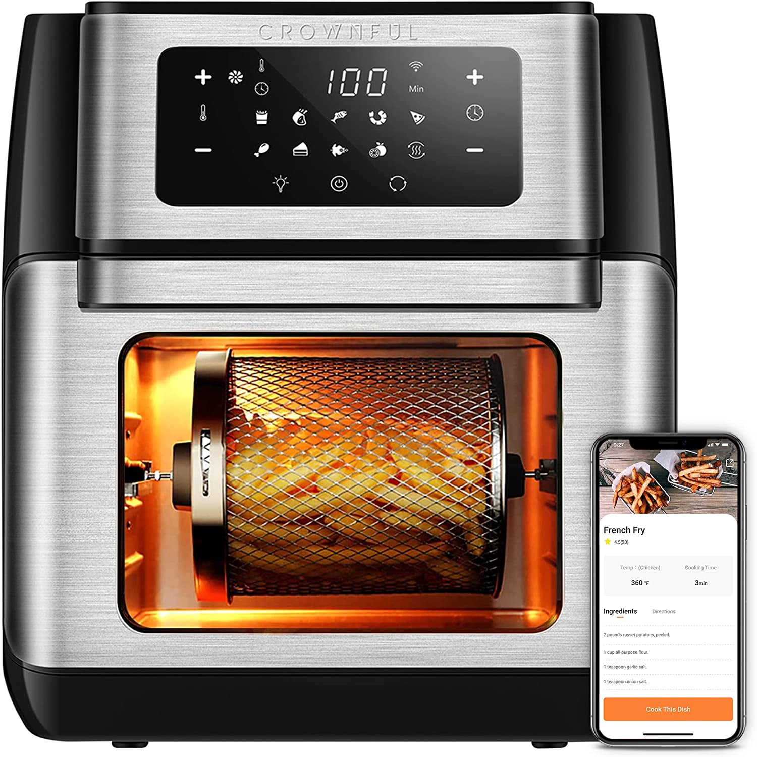 CROWNFUL Smart Air Fryer, 10.6 Quart Large WiFi Convection Toaster Oven