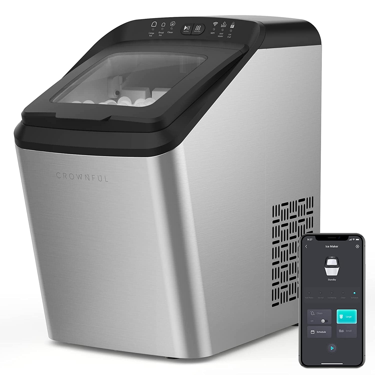 CROWNFUL Smart Ice Maker Countertop, with App Remote Control Ice Machine,  33 lbs/24H, 2 Size (S/L) Ice, Self-Cleaning
