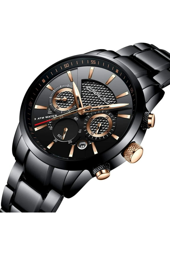 Brand Men's Watch Business Casual Chronograph Quartz Waterproof Wristwatch Black Stainless Steel Strap black golden