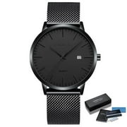 CRRJU Fashion Mens Slim Watches Ultra Thin Cool Quartz Watch Men Date Mesh Strap Waterproof Dress Watch Black Relogio Masculino