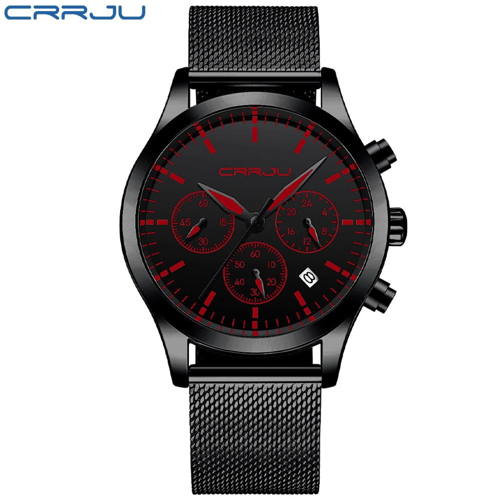 CRRJU Mens Watches with Stainless Steel Waterproof Analog Quartz Fashion Business Chronograph Black Watch for Men, Auto Date