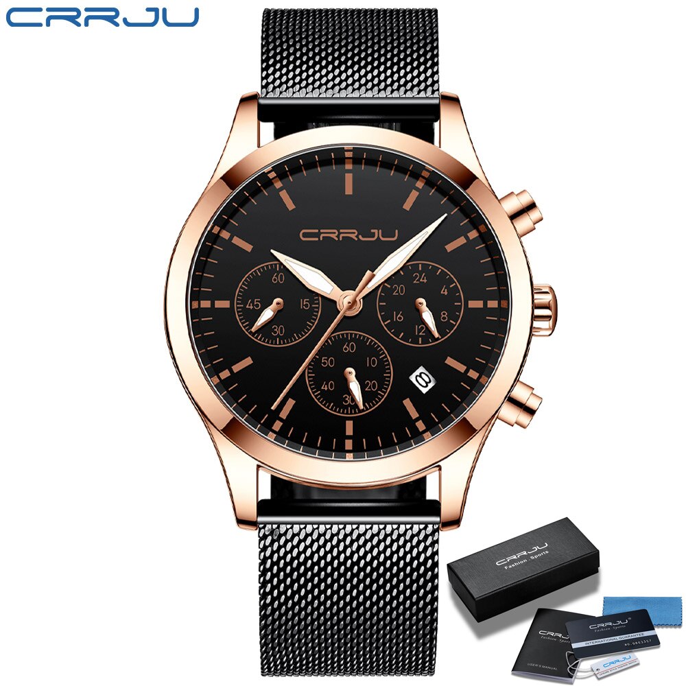 CRRJU Mens Watches with Stainless Steel Waterproof Analog Quartz Fashion Business Chronograph Black Watch for Men, Auto Date