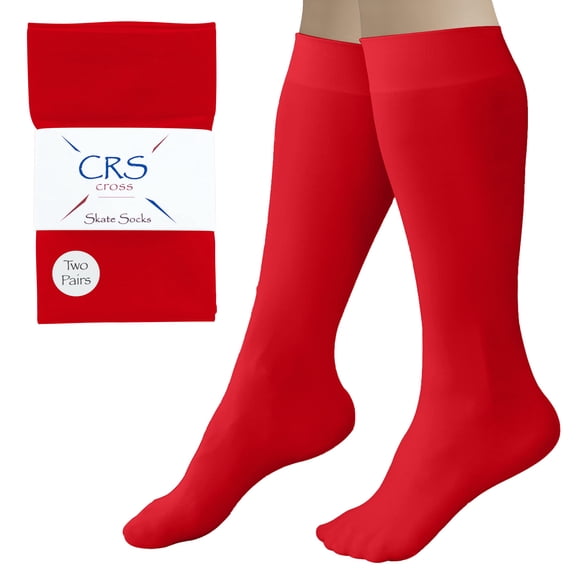 CRS Cross Figure Skating Socks (2 Pair) Premium Knee High Tights for Ice Skates, Footed Skate Socks, Ice Skating Socks, Dance (Red)