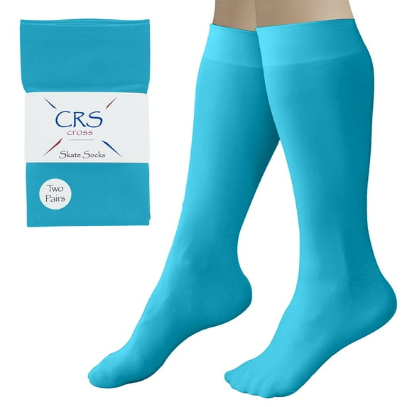 CRS Cross Figure Skating Socks (2 Pair) Premium Knee High Tights for Ice Skates, Footed Skate Socks, Ice Skating Socks, Dance (Toe Loop Turquoise)