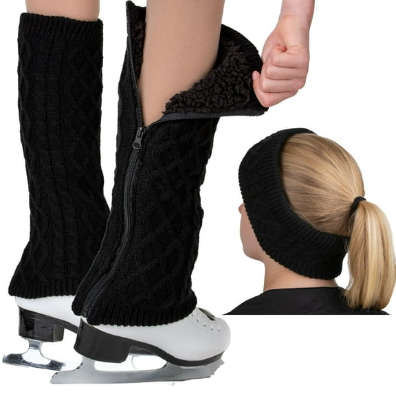 CRS Cross Leg Warmers and Headband Set for Figure Skating. Zipper Easy On / Off. Warm Knit Fleece Lined - Black Long