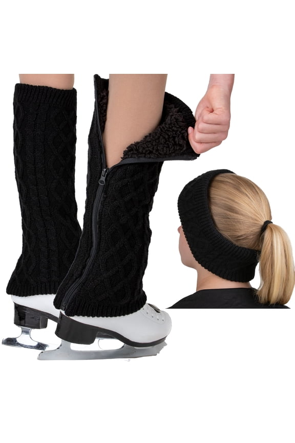 Leg Warmers and Headband Set for Figure Skating. Zipper Easy On / Off. Warm Knit Fleece Lined - Black Long