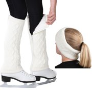CRS Cross Leg Warmers and Headband Set for Figure Skating. Zipper Easy On / Off. Warm Knit Fleece Lined - White Long