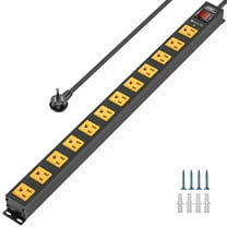 CRST 12 Outlet Heavy Duty Long Power Strip Surge Protector, Wall Mount Metal Power Strip with Flat Plug, 2100J, 15A Circuit Breaker, 6FT Cord for Garage, Workbench, Shop, and Under Desk Use