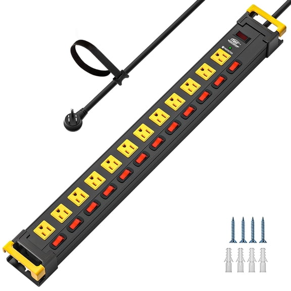 CRST 12 Outlet Heavy Duty Metal Power Strip with Individual Switches, 9FT Surge Protector Power Strip with Cord Managment, 15A/1875W 1020J Wide Spaced Outlets for Garage, Workshop, Home, School