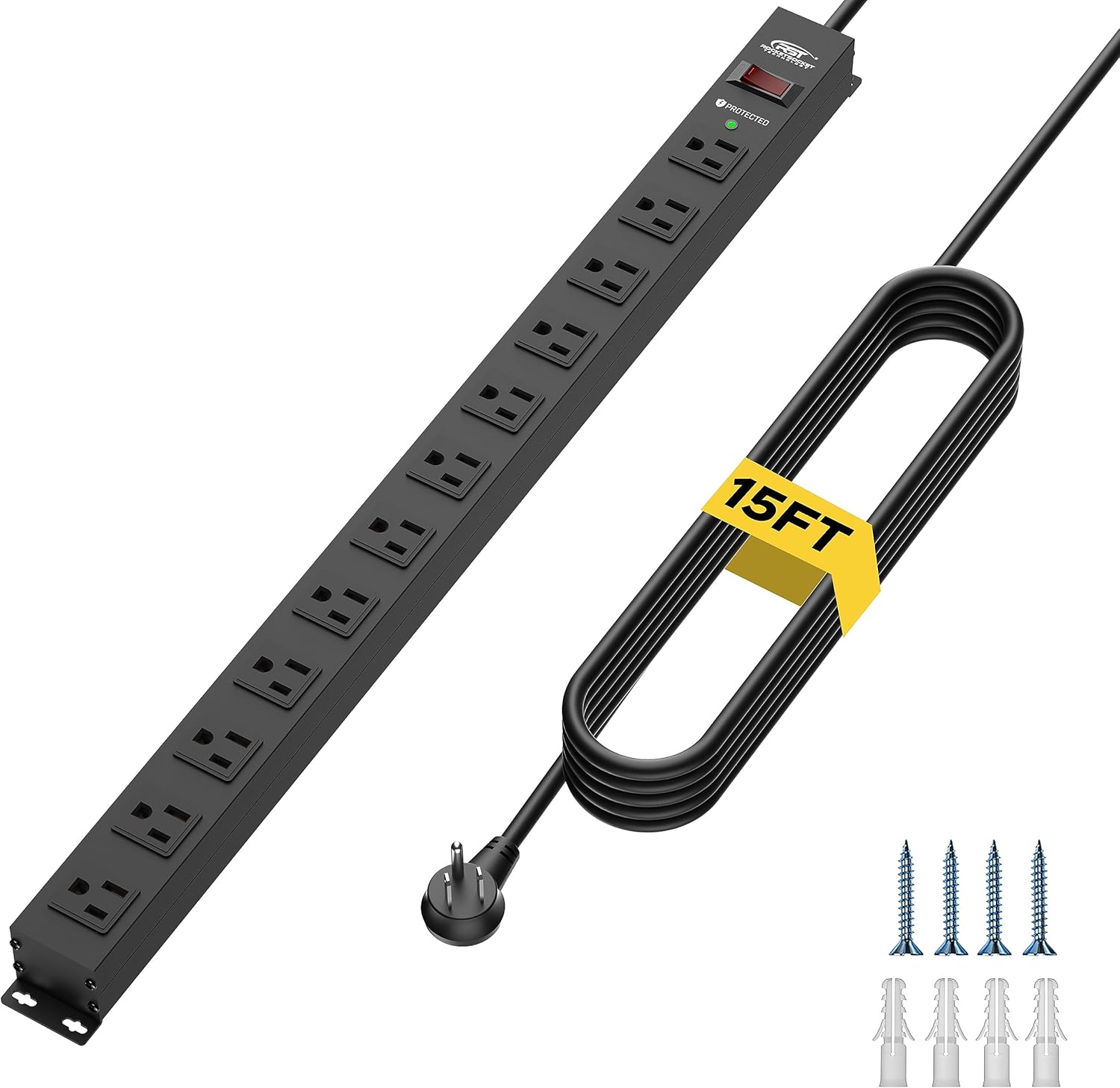 CRST 12-Outlet Long Power Strip with 15FT Cord, 2100 Joules Heavy Duty Surge Protector Mountable Power Strip, Wide Spaced Outlets for Industrial Garage Commercial(15A/1875W)