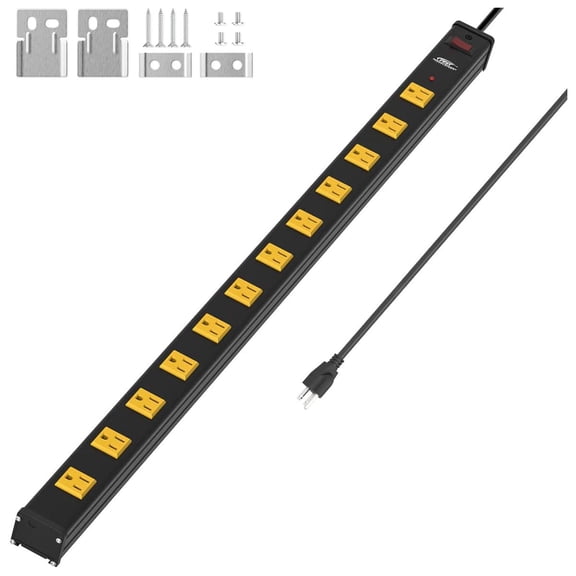 CRST 12-Outlet Metal Long Power Strip, Heavy Duty 1800 Joule Surge Protector Wall Mount Power Strip, 6FT Wide Spaced Workshop Garage Industrial Power Bar, 15A Circuit Breaker, ETL Listed