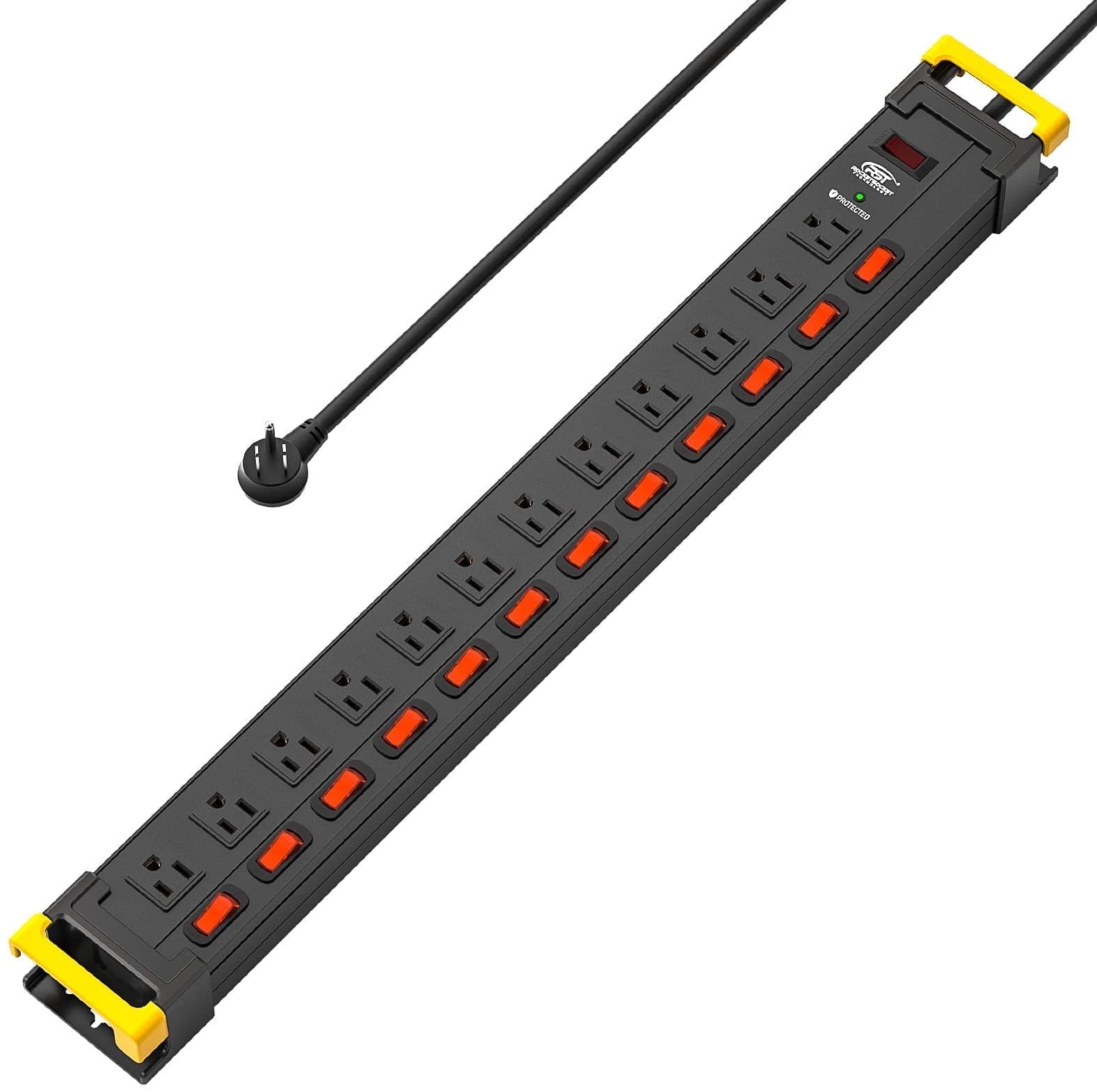 CRST 12 Outlets Heavy Duty Long Power Strip Surge Protector Individual Switches with Cord Manager 14/3 SJT 9 Feet Long Extension Cord, Black