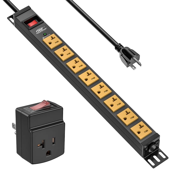 CRST 20Amp Heavy Duty Power Strip, 8-Outlet Metal Surge Protector 2100J, True 20A Internal Wiring &12AWG 6FT Cord, ETL Listed, Wall Mount for 19" Rack,Garage,Kitchen (Includes 5-15P to 5-20R Adapter)