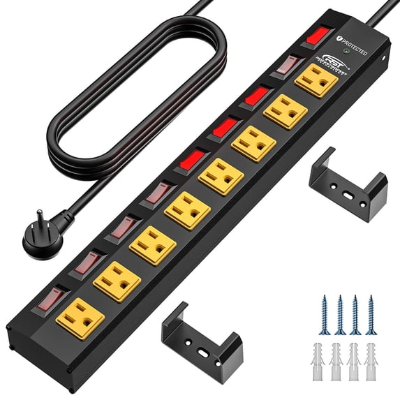 CRST 8 Outlet Heavy Duty Power Strip with Individual Switches, 15A/ 1875W Metal Power Strip Surge Protector with Circuit Breaker (1200 Joules), 6FT 14AWG Extension Cord and Mounting Bracket