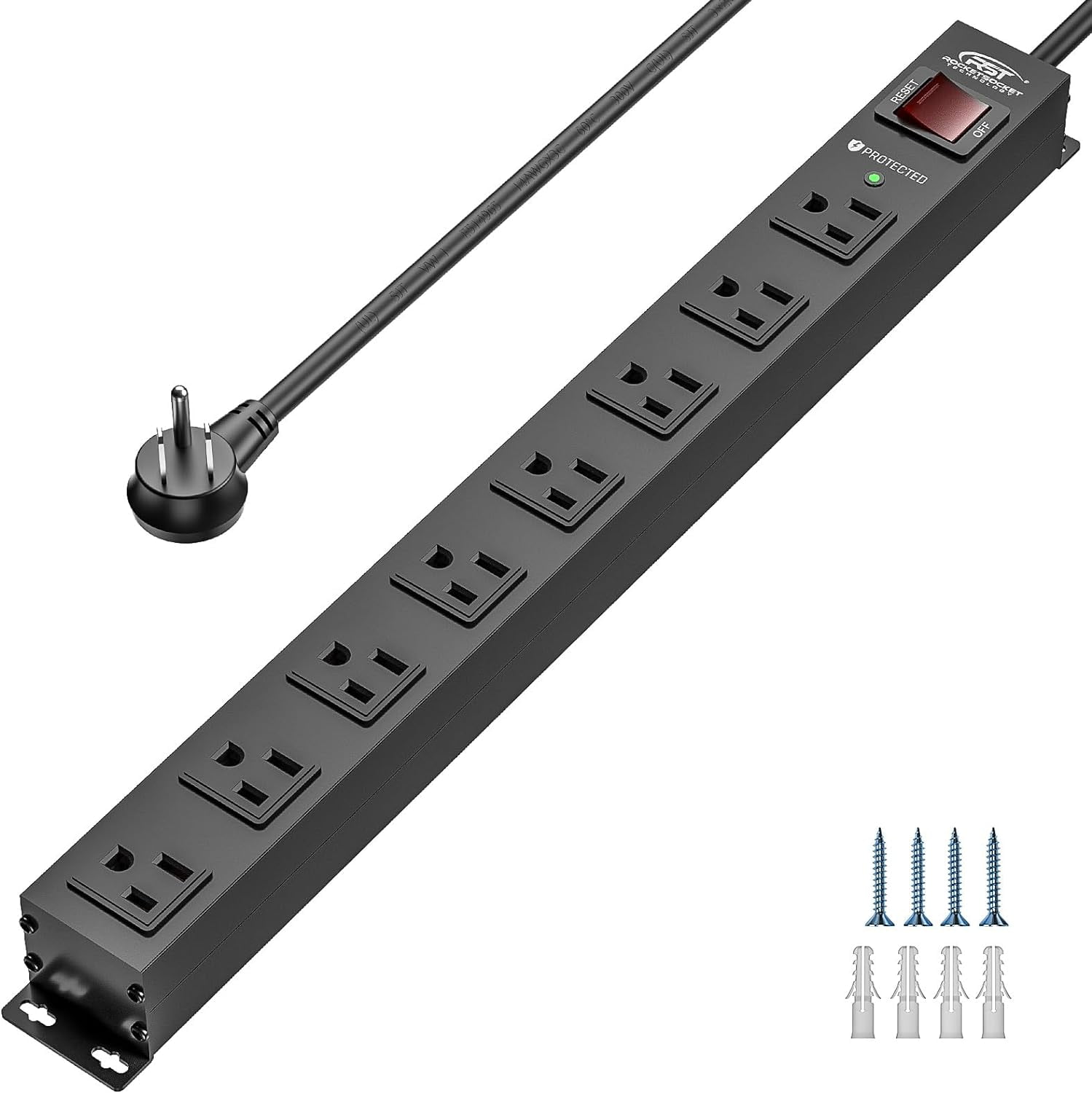 8 Outlet Metal Heavy Duty Power Strip 2100J Surge Protector with 6FT Cord 15A/1875W Wide Spaced Mountable Industrial Strip for Garage/Workshop/Office