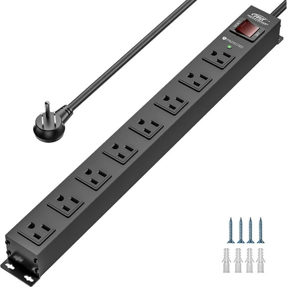 CRST 8 Outlet Metal Heavy Duty Power Strip, 2100J Surge Protector with 6FT Cord, 15A/1875W Wide Spaced Mountable Industrial Power Strip for Garage/Workshop/Office