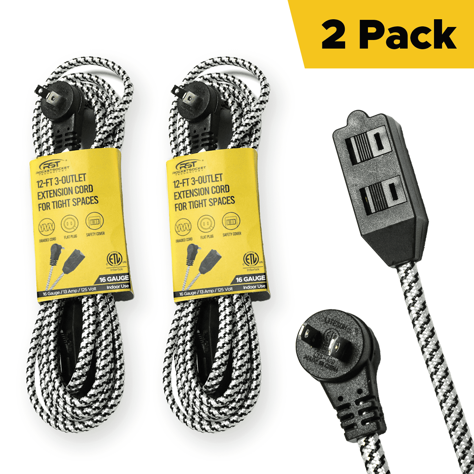 CRST Braided 12FT Extension Cord with 3-Outlet Flat Plug Extension ...