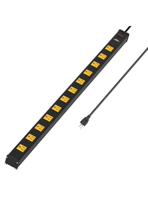 CRST Heavy Duty Long Surge Protector Power Strip Metal 12 Outlets 2.6 inch Wide Spaced 6ft Extension Cord with Mounting Brackets, 1800 Joules, ETL Listed