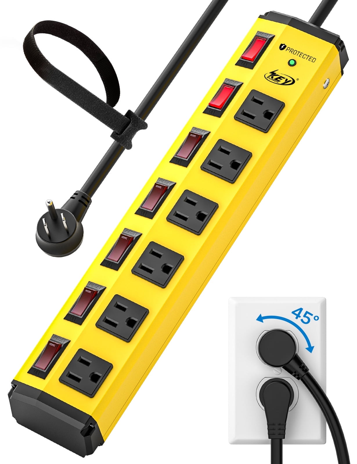CRST Heavy Duty Metal Power Strip Surge Protector Individual Switches 6-Outlet with 45° Flat Plug 6 Feet 14AWG SJT Extension Cord, 1875W