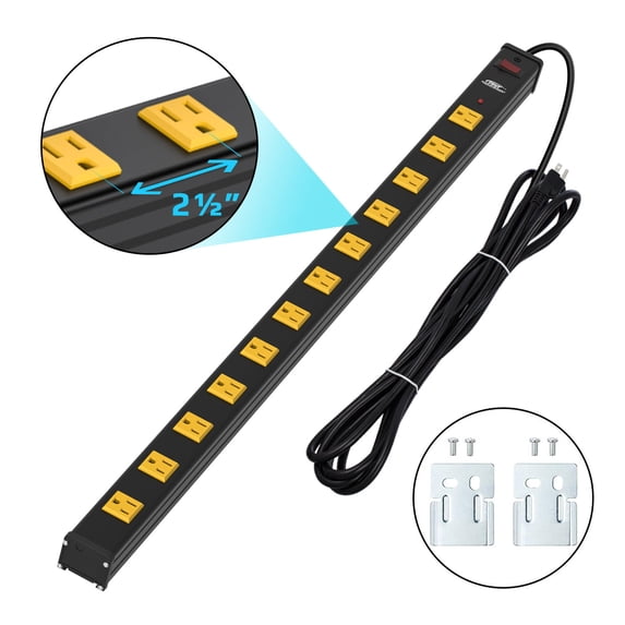 CRST Heavy Duty Power Strip Surge Protector, 2-1/2" Wide Spaced 12-Outlet Metal with 15ft Long Extension Power Cord, Mounting Brackets Included, 1800 Joules, ETL Listed