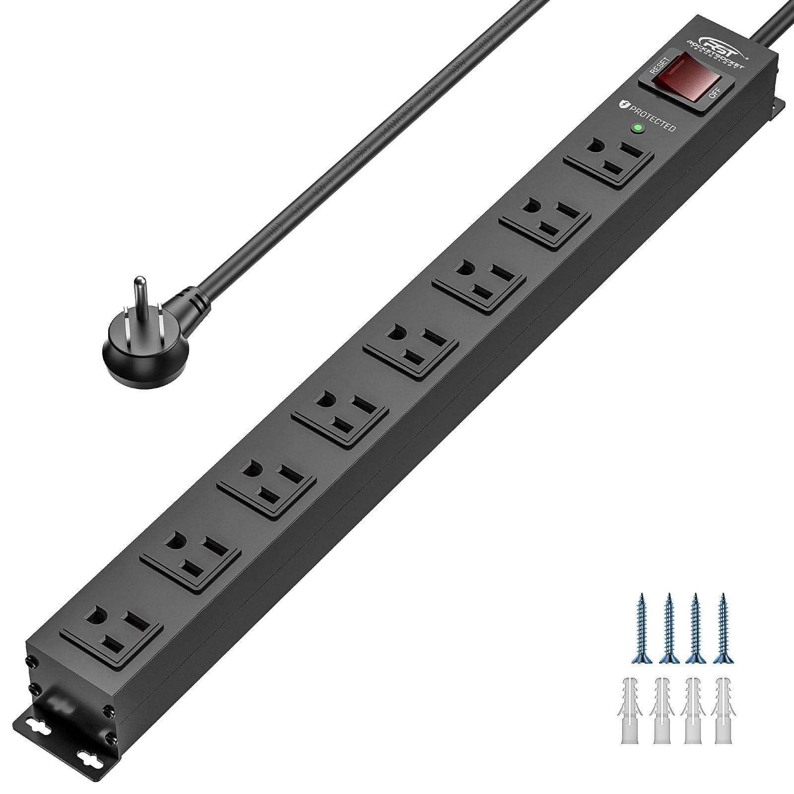 CRST Long Power Strip Surge Protector 8 Outlets Wide Spaced Socket Mountable 2100J with Angled Flat Plug Heavy Duty 6 Feet Extension Power Cord, Black