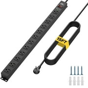 CRST Long Surge Protector Power Strip Mountable 12 Outlets with Flat Plug 15ft Long Extension Cord 2100J Metal Heavy Duty Industrial Power Bar for Workshops, Garages and Use Under Cabinet, Black